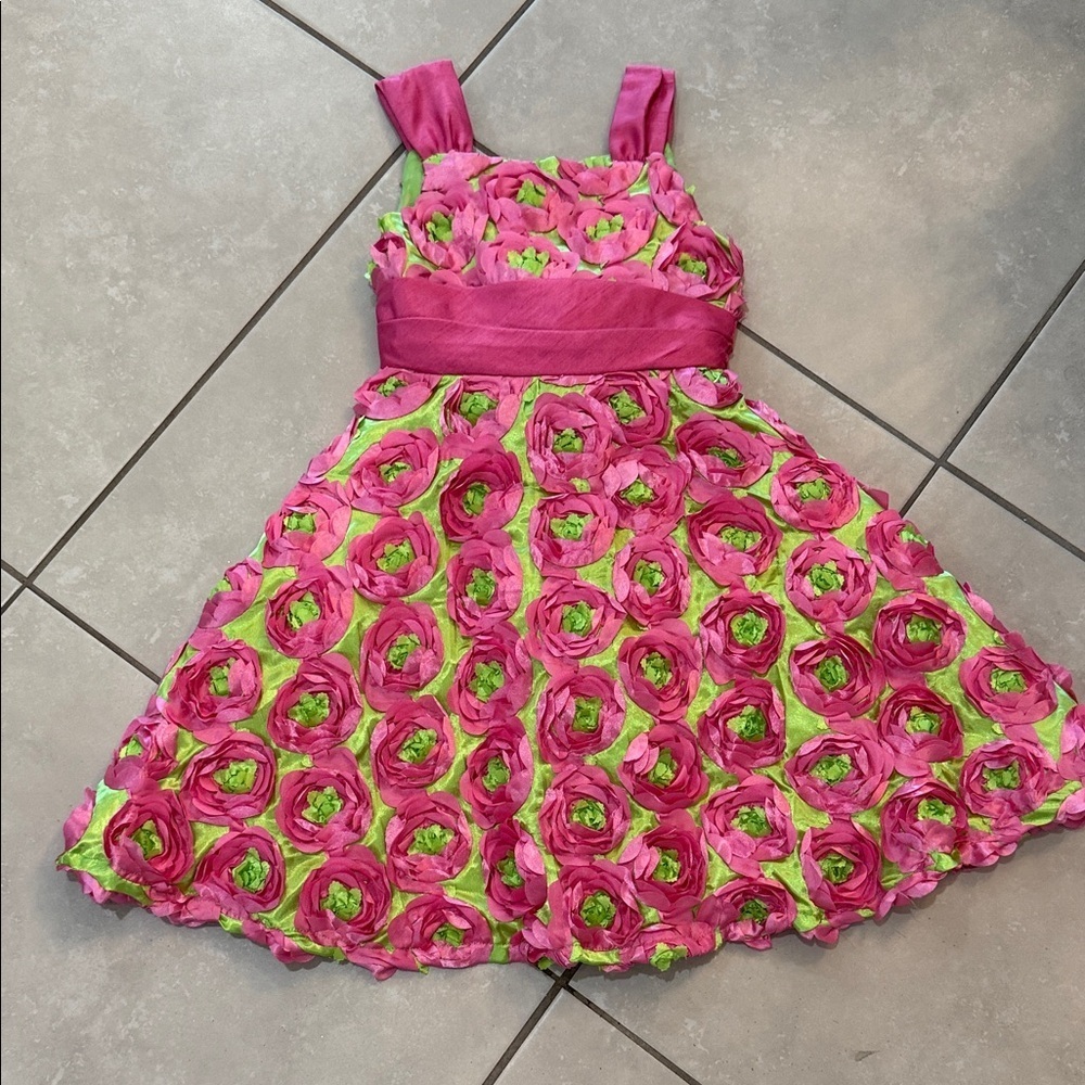 Rare Editions Pink and Green Rosette Kids Dress Size 8